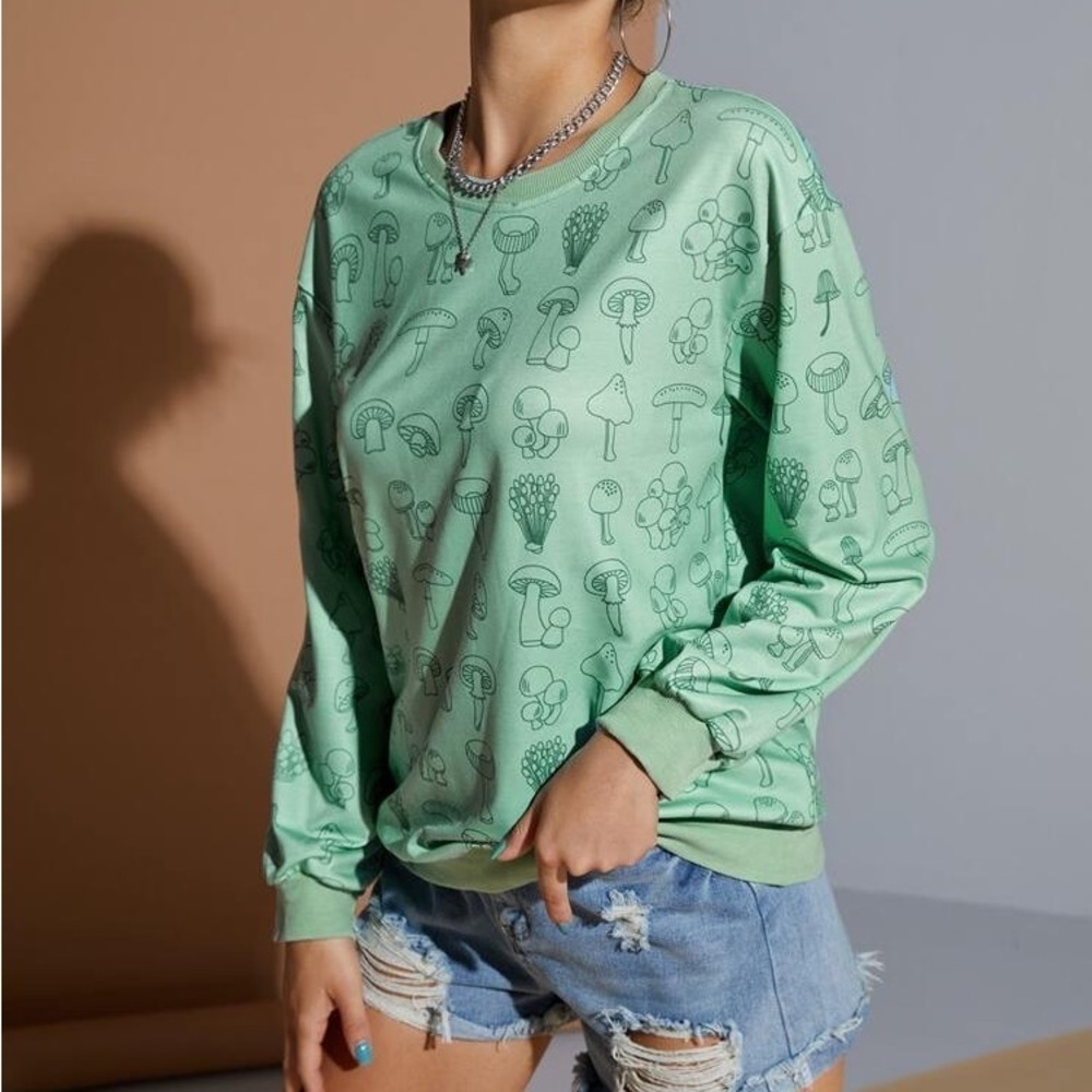 SHEIN X Saramiel Art Mushroom Print Drop Shoulder Sweatshirt, Green, Small, NWT - Picture 3 of 8